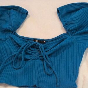 Zara Blue Puff Sleeve Ribbed Crop Blouse